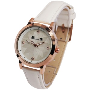 Ceas de dama elegant cu curea de piele alba, Matteo Ferari, cutie si bratara, culoare rose cu insertii de cristale, indicatori rose, cadran model floare, Otel inoxidabil - Img 3