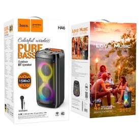 Boxa portabila outdoor, Hoco (HA6) - BT 5.3, cu microfon, Karaoke, Wireless, 4500mAh, TF Card, USB, AUX si TWS, 2x15W, RGB ambient light, Black - Img 3