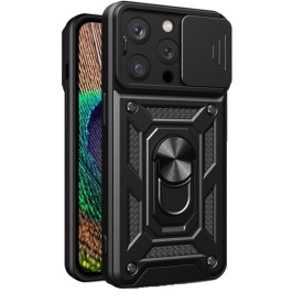 Husa antisoc Armor, compatibila cu iPhone 15 Pro, silicon si plastic, magnet inclus, inel prindere, stand pentru filme, Camera Slide, Negru