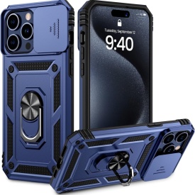Husa antisoc Armor, compatibila cu iPhone 16 Pro, silicon si plastic, magnet inclus, inel prindere, stand pentru filme, Camera Slide, Bleumarin - Img 2