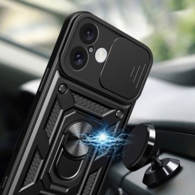 Husa antisoc Armor, compatibila cu iPhone 16, silicon si plastic, magnet inclus, inel prindere, stand pentru filme, Camera Slide, Negru - Img 6