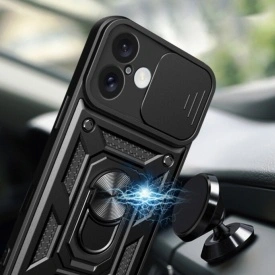 Husa antisoc Armor, compatibila cu iPhone 16, silicon si plastic, magnet inclus, inel prindere, stand pentru filme, Camera Slide, Negru - Img 6
