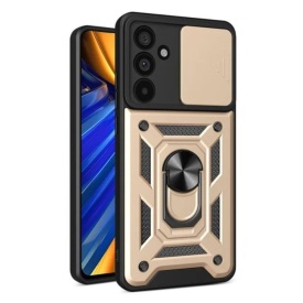 Husa antisoc Armor, compatibila cu Samsung Galaxy S24, silicon si plastic, magnet inclus, inel prindere, stand pentru filme, Camera Slide, Auriu