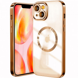 Husa protectie tip MagSafe iPhone 14, transparenta cu margini colorate Auriu, slim