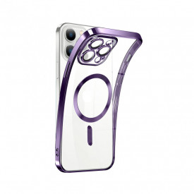 Husa protectie tip MagSafe iPhone 15 Pro Max, transparenta cu margini colorate Mov, slim