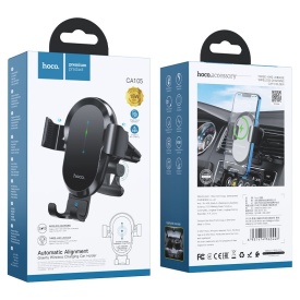 Suport Auto cu incarcare Wireless, Hoco (CA105) - 15W, cu cleme laterale, montaj Ventilatie, cablu USB-C, 1m, AutoAlign, BLACK - Img 7