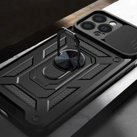 Husa antisoc Armor, compatibila cu iPhone 15, silicon si plastic, magnet inclus, inel prindere, stand pentru filme, Camera Slide, Negru - Img 5