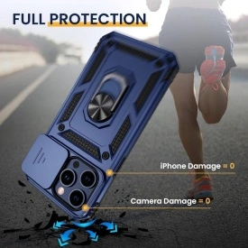 Husa antisoc Armor, compatibila cu iPhone 16 Pro, silicon si plastic, magnet inclus, inel prindere, stand pentru filme, Camera Slide, Bleumarin - Img 3