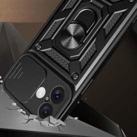 Husa antisoc Armor, compatibila cu iPhone 16, silicon si plastic, magnet inclus, inel prindere, stand pentru filme, Camera Slide, Negru - Img 7