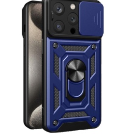 Husa antisoc Armor, compatibila cu iPhone 15 Pro, silicon si plastic, magnet inclus, inel prindere, stand pentru filme, Camera Slide, Bleumarin
