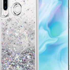 Husa compatibila cu Huawei P30 Lite cu Apa si Sclipici Argintie, Lichid si Glitter, Fashion Luxury