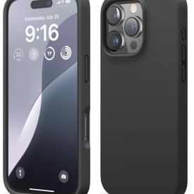 husa iphone 16 pro neagra catifea la interior si silicon planetphone