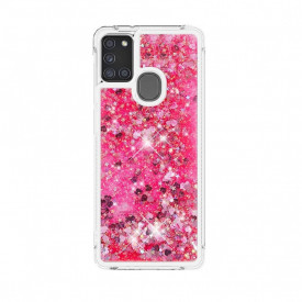 Husa Samsung Galaxy A21s, cu Apa si Sclipici, Lichid si Glitter, Fashion, protectie camera, Roz