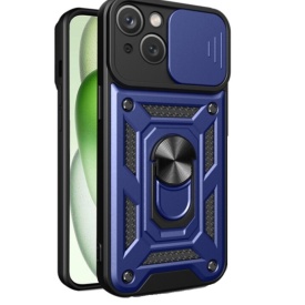 Husa antisoc Armor, compatibila cu iPhone 15, silicon si plastic, magnet inclus, inel prindere, stand pentru filme, Camera Slide, Bleumarin