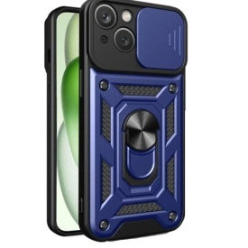 Husa antisoc Armor, compatibila cu iPhone 15, silicon si plastic, magnet inclus, inel prindere, stand pentru filme, Camera Slide, Bleumarin
