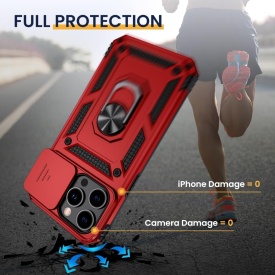 Husa antisoc Armor, compatibila cu iPhone 16, silicon si plastic, magnet inclus, inel prindere, stand pentru filme, Camera Slide, Rosu - Img 3