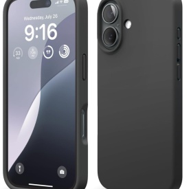 husa iphone 16 neagra catifea la interior si silicon planetphone