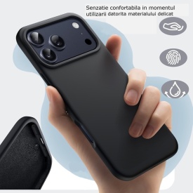 husa iphone 17 pro neagra din silicon si catifea la interior planetphone