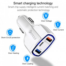 incarcator auto 3 porturi tip c usb fast charger planetphone 