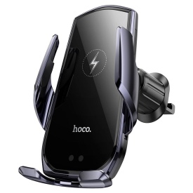 Suport Auto cu incarcare Wireless, Hoco (CA202 Plus) - 15W, montaj Ventilatie, cleme laterale, cablu USB-C, 1m, Infrared, PullClip, Acumulator intern, BLACK/Metall