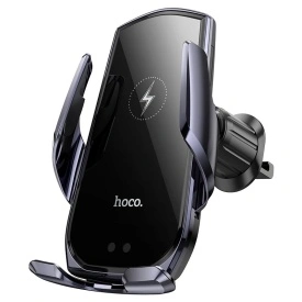Suport Auto cu incarcare Wireless, Hoco (CA202 Plus) - 15W, montaj Ventilatie, cleme laterale, cablu USB-C, 1m, Infrared, PullClip, Acumulator intern, BLACK/Metall