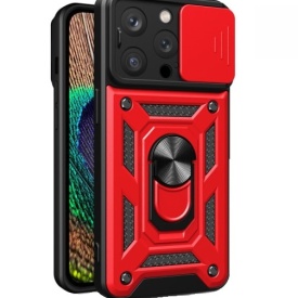 Husa antisoc Armor, compatibila cu iPhone 15 Pro Max, silicon si plastic, magnet inclus, inel prindere, stand pentru filme, Camera Slide, Rosu