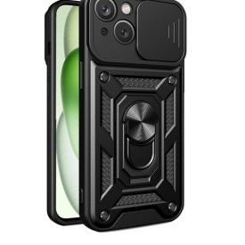 Husa antisoc Armor, compatibila cu iPhone 15, silicon si plastic, magnet inclus, inel prindere, stand pentru filme, Camera Slide, Negru - Img 1