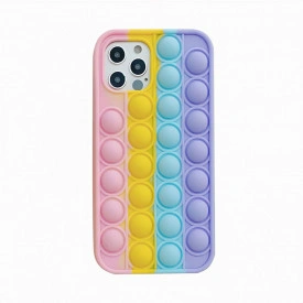Husa iPhone 12 Pro Max, husa POP IT, Push Pop Bubble Fidget, Antisoc, antistres, din silicon, Roz/Galben/Mov
