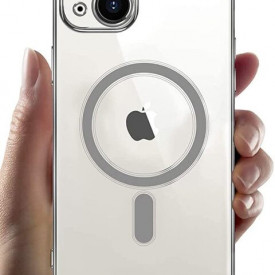 husa iphone 14 magsafe transparenta margini argintiu planetphone