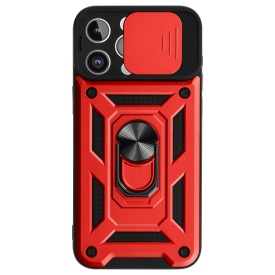 Husa antisoc Armor, compatibila cu iPhone 15 Pro Max, silicon si plastic, magnet inclus, inel prindere, stand pentru filme, Camera Slide, Rosu - Img 2
