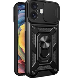 Husa antisoc Armor, compatibila cu iPhone 16, silicon si plastic, magnet inclus, inel prindere, stand pentru filme, Camera Slide, Negru - Img 1