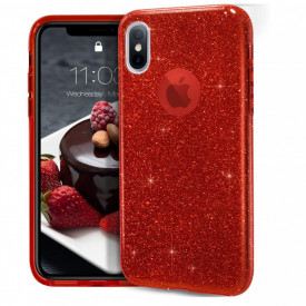 Husa iPhone X / iPhone XS ultra slim din silicon, cu 3 straturi protective, Fashion, cu sclipici Glitter, Rosie