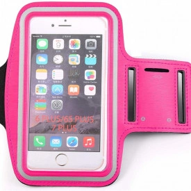 Husa telefon tip banderola, pentru alergat, sala, bicicleta, compatibila Samsung, iPhone, Huawei, Xiaomi, impermeabila, cu suport de chei si rama fluorescenta, Roz Neon