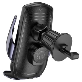 Suport Auto cu incarcare Wireless, Hoco (CA202 Plus) - 15W, montaj Ventilatie, cleme laterale, cablu USB-C, 1m, Infrared, PullClip, Acumulator intern, BLACK/Metall - Img 3
