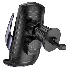 Suport Auto cu incarcare Wireless, Hoco (CA202 Plus) - 15W, montaj Ventilatie, cleme laterale, cablu USB-C, 1m, Infrared, PullClip, Acumulator intern, BLACK/Metall - Img 3