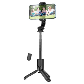 Suport Stand Hoco (K17) Mini, tip Selfie Stick & Trepied 2 in 1, Telescopic, Inox, cu Telecomanda BT, BLACK - Img 1