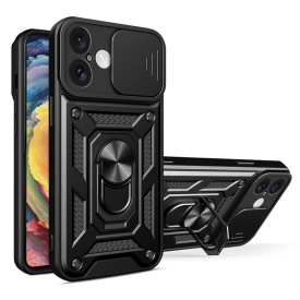Husa antisoc Armor, compatibila cu iPhone 16, silicon si plastic, magnet inclus, inel prindere, stand pentru filme, Camera Slide, Negru - Img 2