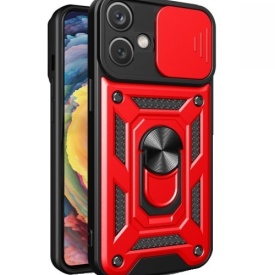 Husa antisoc Armor, compatibila cu iPhone 16, silicon si plastic, magnet inclus, inel prindere, stand pentru filme, Camera Slide, Rosu