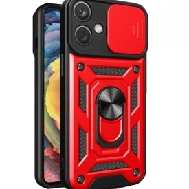 Husa antisoc Armor, compatibila cu iPhone 16, silicon si plastic, magnet inclus, inel prindere, stand pentru filme, Camera Slide, Rosu