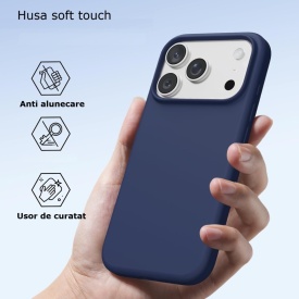 husa iphone 17 pro bleumarin din silicon si catifea la interior planetphone