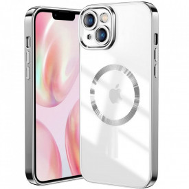 Husa protectie tip MagSafe iPhone 14, transparenta cu margini colorate Argintiu slim