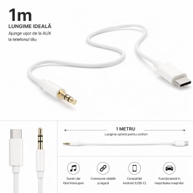 Cablu Auxiliar USB‑C la Jack 3.5 mm 1 m Alb – Conexiune Audio Stabilă pentru Auto & Căști - Img 2