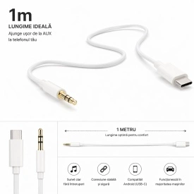 Cablu Auxiliar USB‑C la Jack 3.5 mm 1 m Alb – Conexiune Audio Stabilă pentru Auto & Căști - Img 2