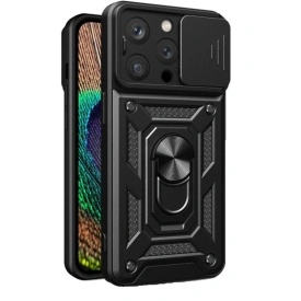 Husa antisoc Armor, compatibila cu iPhone 15 Pro Max, silicon si plastic, magnet inclus, inel prindere, stand pentru filme, Camera Slide, Negru