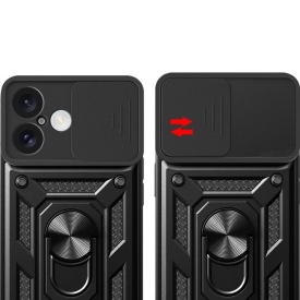 Husa antisoc Armor, compatibila cu iPhone 16, silicon si plastic, magnet inclus, inel prindere, stand pentru filme, Camera Slide, Negru - Img 3