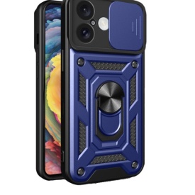 Husa antisoc Armor, compatibila cu iPhone 16, silicon si plastic, magnet inclus, inel prindere, stand pentru filme, Camera Slide, Bleumarin