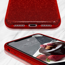 Husa iPhone X / iPhone XS ultra slim din silicon, cu 3 straturi protective, Fashion, cu sclipici Glitter, Rosie - Img 3