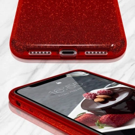 Husa iPhone X / iPhone XS ultra slim din silicon, cu 3 straturi protective, Fashion, cu sclipici Glitter, Rosie - Img 3