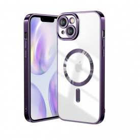Husa protectie tip MagSafe iPhone 13, transparenta cu margini colorate Mov, slim