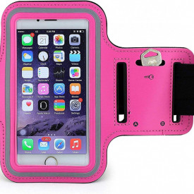 Husa telefon tip banderola, pentru alergat, sala, bicicleta, compatibila Samsung, iPhone, Huawei, Xiaomi, impermeabila, cu suport de chei si rama fluorescenta, Roz Neon - Img 3